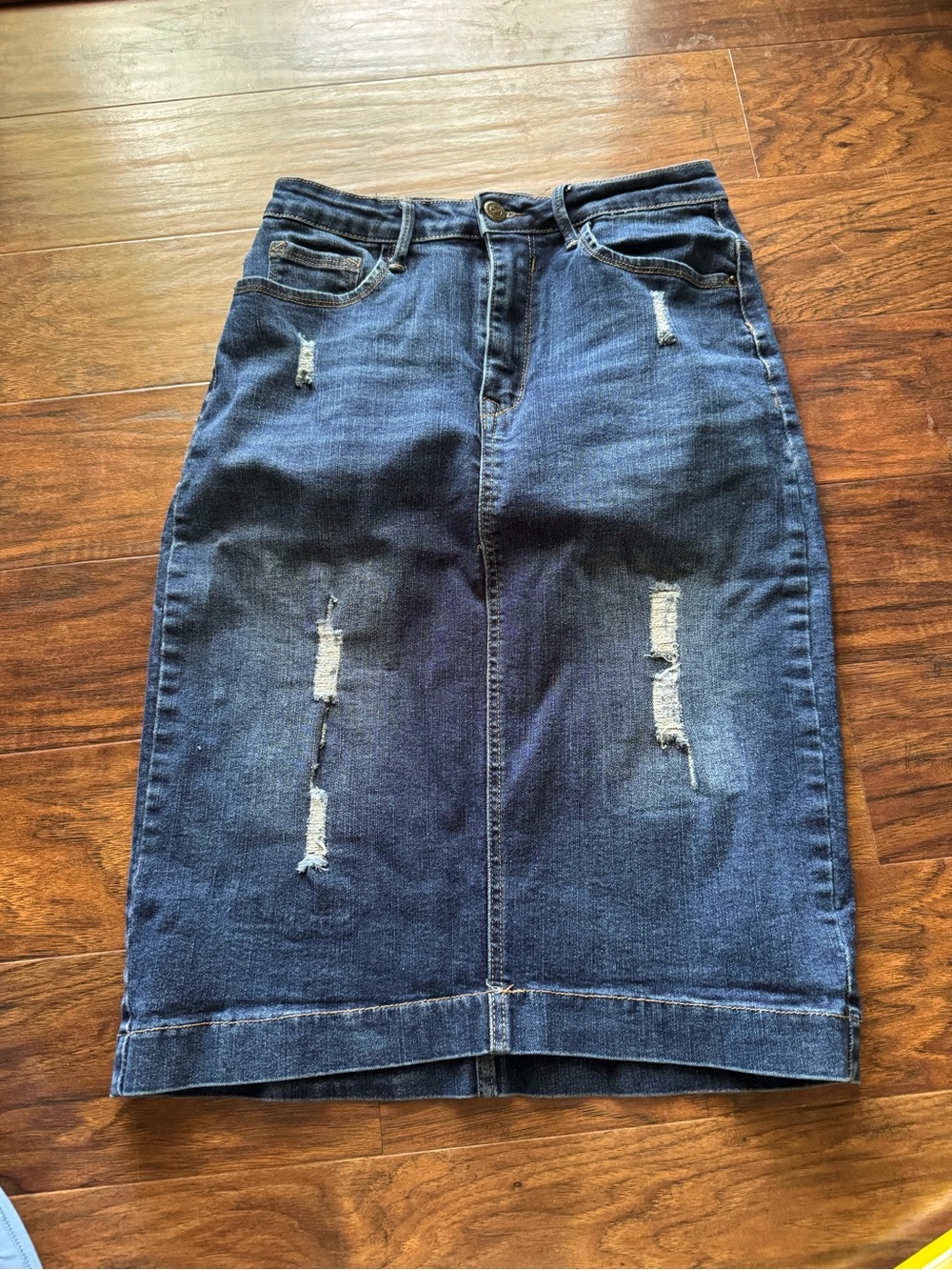 Distressed Dark Blue Denim Pencil Skirt